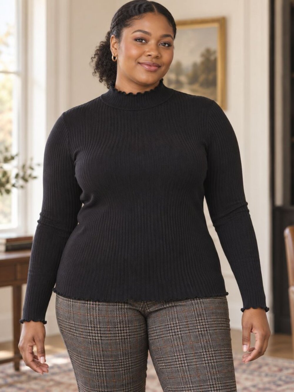 Style & Co Black Ribbed Mock Neck Top XL Minimalist Dark Academia Office